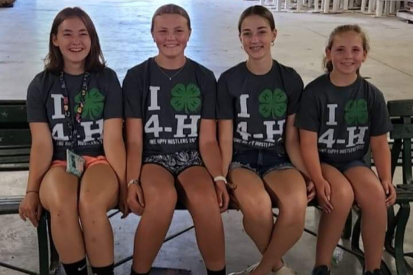 four youth 4-H girls sitting on a bench at the fair
