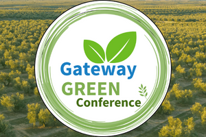 Gateway green conference logo with leaf with tree background.