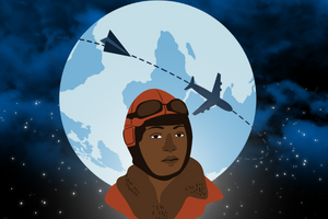 Image of Bessie Coleman in front of an image of a globe in the sky