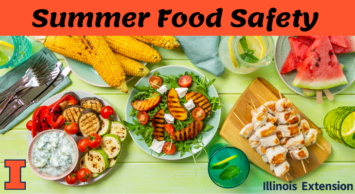 Summer Food Safety image of chicken, corn, grilled veggies, watermelon