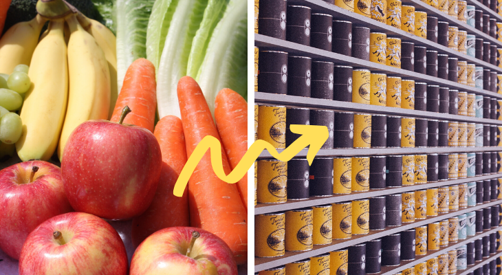 fresh fruit in the first image, an arrow pointing to canned foods in the second image.