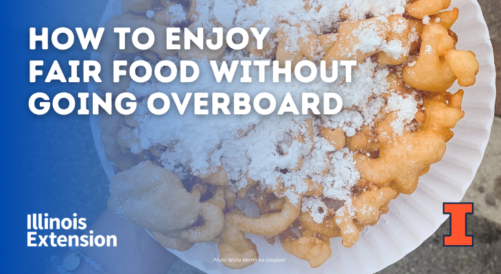 A funnel cake with powdered sugar on a white paper plate. Text says, "How to enjoy fair food without going overboard."