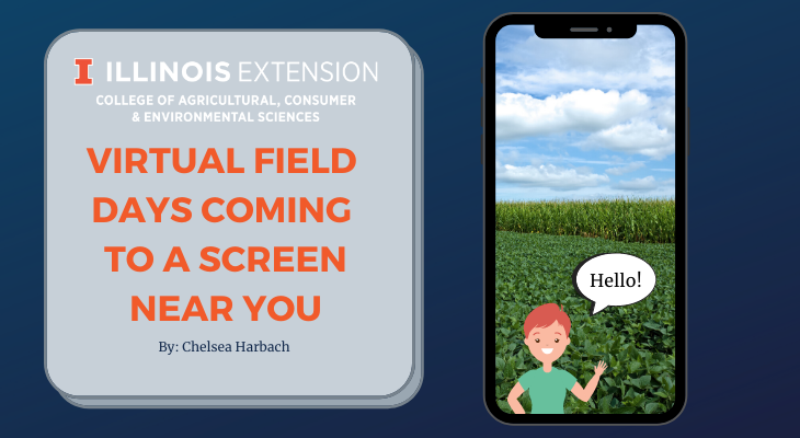 mobile phone screen with an image of a corn and soybean field and a person in the field saying "hello"