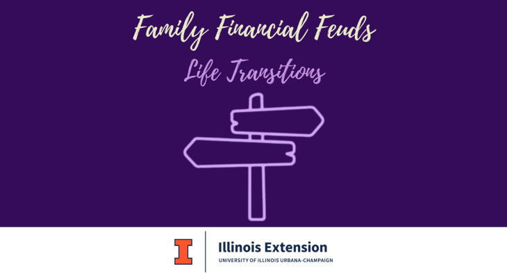 Purple background with "Family Financial Feuds" and "Life Transitions", with a graphic depicting crossroads and Full wordmark logo on bottom of image