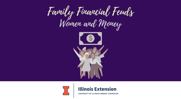 Purple background with "Family Financial Feuds" and "Women and Money", with a graphic depicting women holding up a bill and Full wordmark logo on bottom of image
