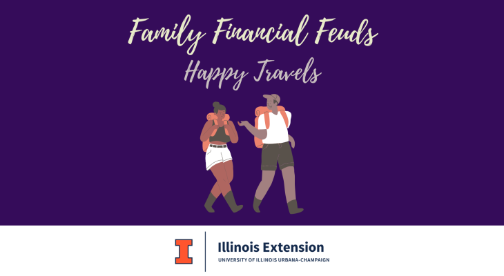Purple background with "Family Financial Feuds" and "Happy travels", with a graphic depicting two travelers walking and Full wordmark logo on bottom of image