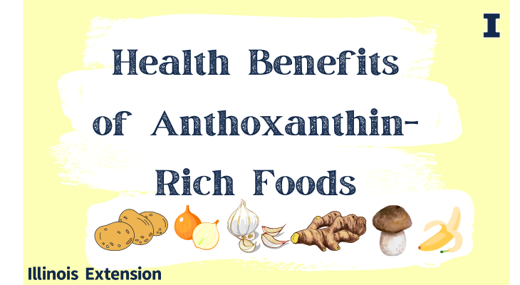 Health benefits of anthoxanthin-rich foods with images of potatoes, onions, garlic, ginger, mushrooms and banana