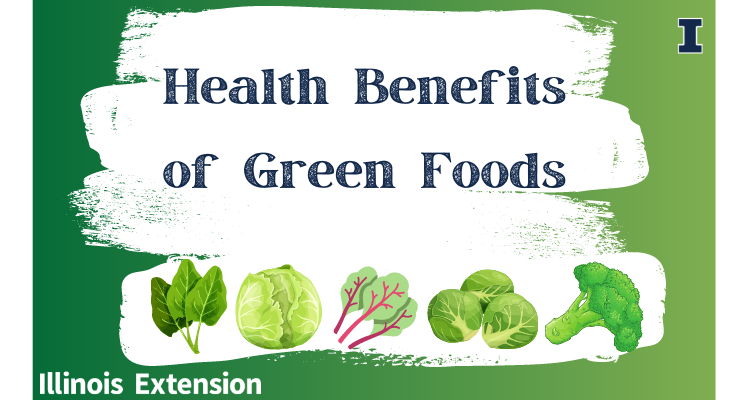"Health benefits of Green Foods" and images of spinach, cabbage, Swiss chard, Brussels sprouts and broccoli