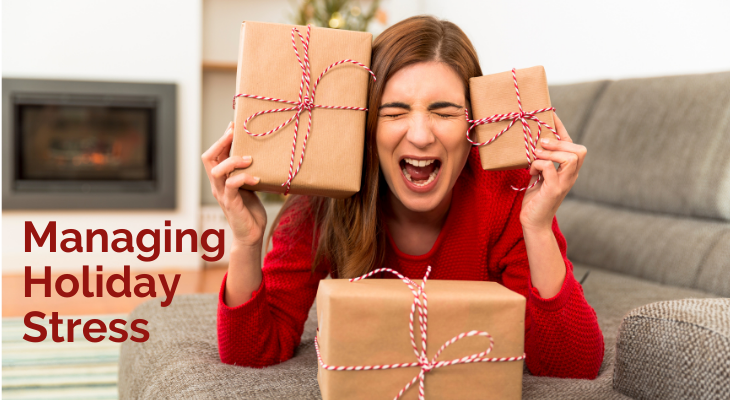 girl looking stressed holding wrapped gifts