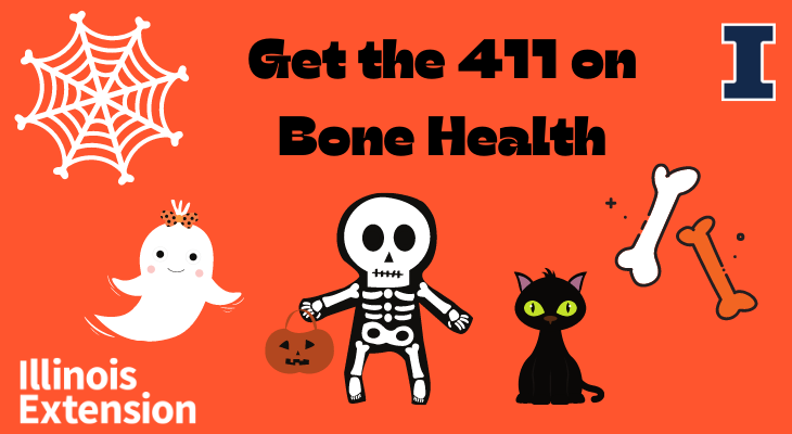 Get the 411 on Bone Health, Cute Halloween ghost, skeleton, black cat, bones and cobweb
