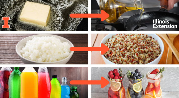 healthy shift ideas like using olive oil instead of butter, eating quinoa instead of white rice and choosing sugar-free beverages over soda and juice. 