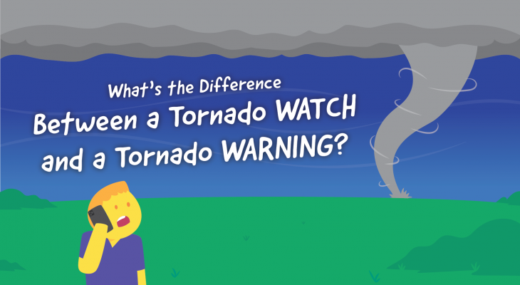 illustration of a cartoon man watching a tornado "whats' the difference between a tornado watch and a tornado warning?"