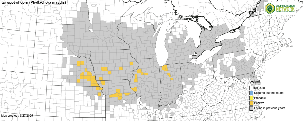 Tar Spot of corn map for Midwest U.S.