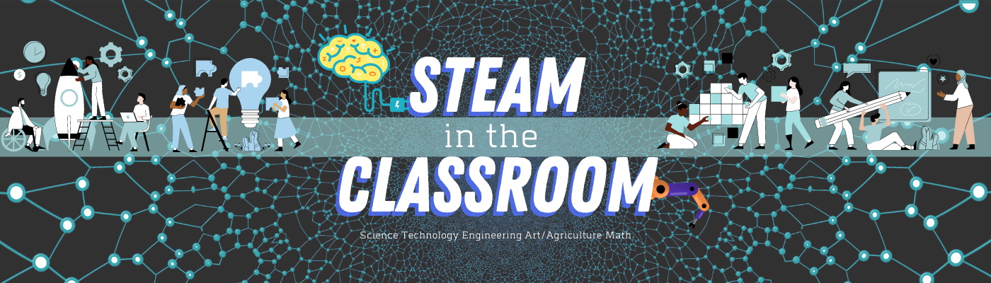 "STEAM in the Classroom" text; web background with images of people solving problems