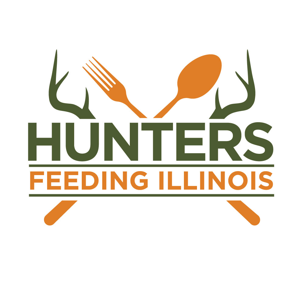 Hunters Feeding Illinois logo in green and orange with antlers, fork, and spoon behind words