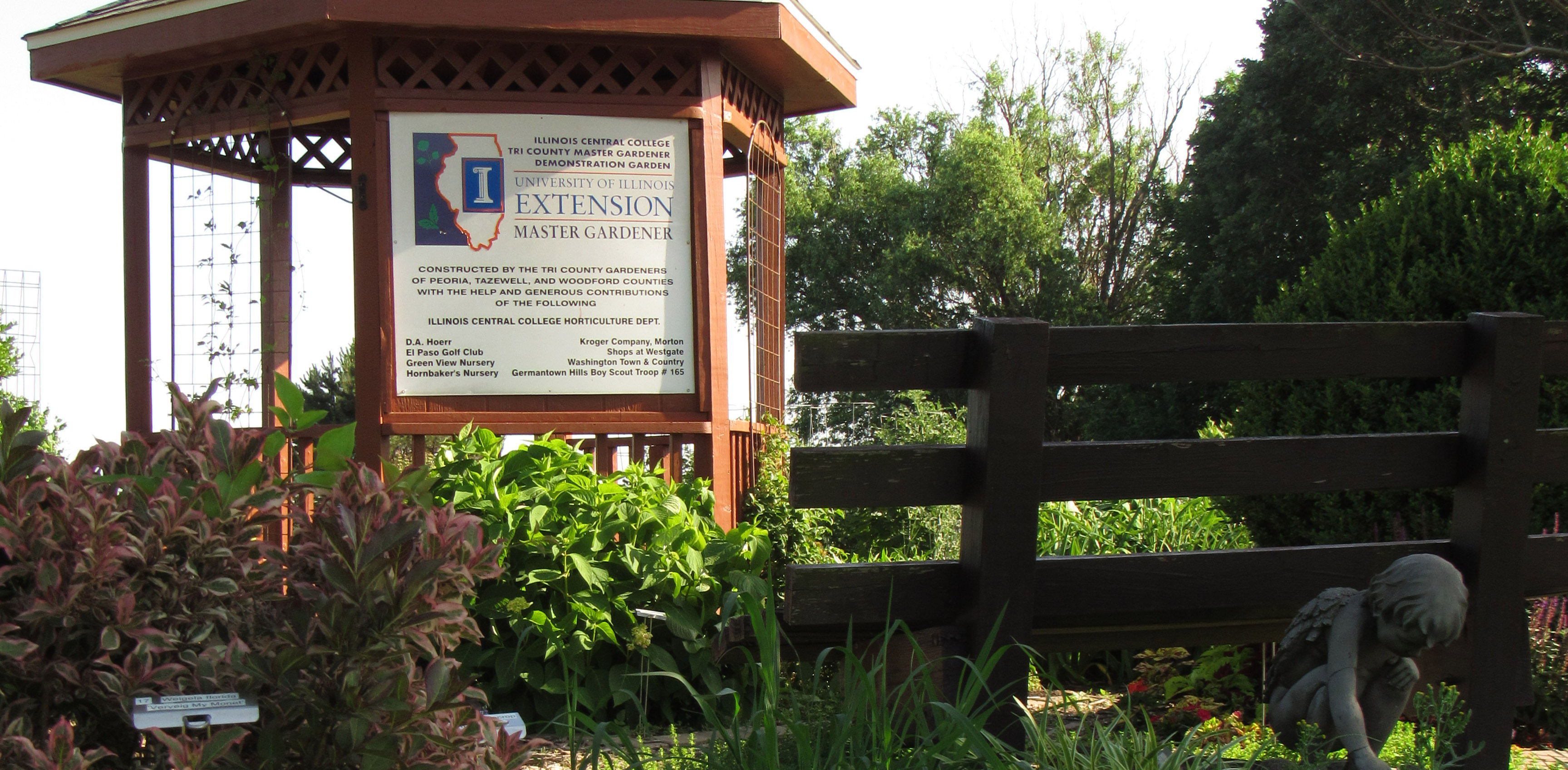 A variegated wiegela, ICC demonstration garden sign and a child statue all situated in a gardenbeds