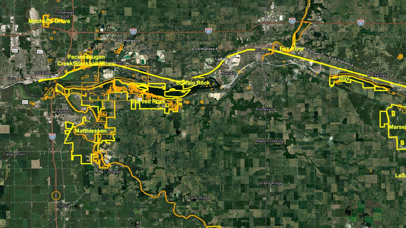IDNR Chemical Drift Awareness map showing the area near Starved Rock in LaSalle County.