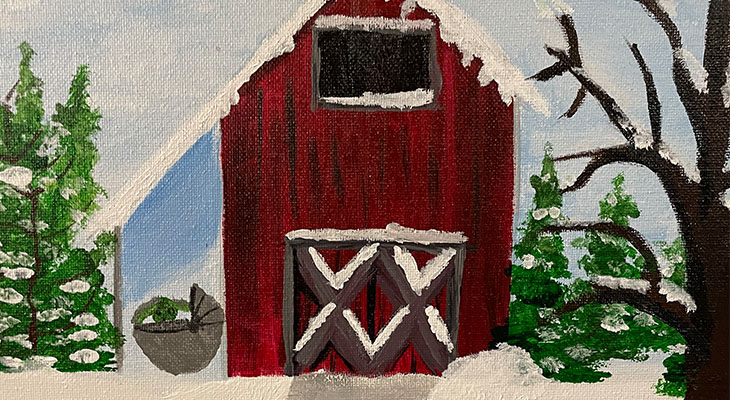 red barn with trees and baby yoda in a winter scene