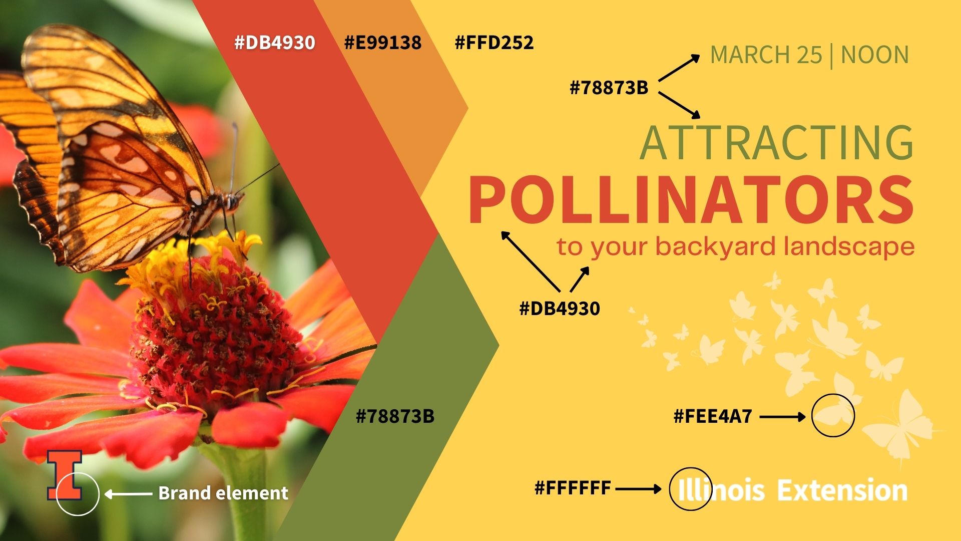 Option A example of a event graphic with poor color contrast. Graphic includes: photo of pollinator on flower, design elements, and flattened text.