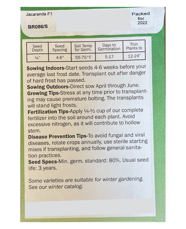 A seed packet for broccoli with information on sowing seeds indoors and outdoors, growing tips, fertilization tips, disease prevention tips and seed specs.