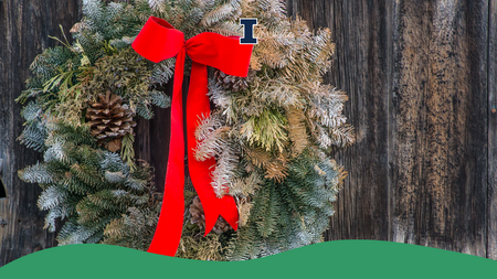 An evergreen wreath with a red bow hanging from a wooden door.