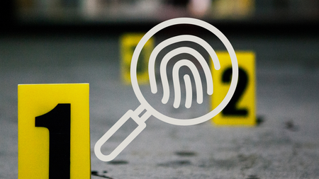 icon of magnifying glass in front of photo of crime scene markers