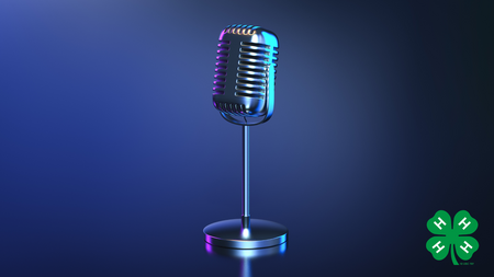 A microphone on a dark navy blue background with a green 4-H clover in the bottom right corner.