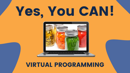 yellow and blue background with laptop in center with image of canned vegetables on screen