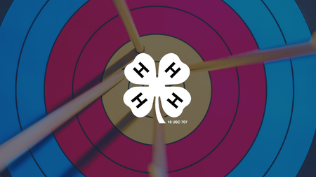 An archery target with arrows in the middle with a white 4-H clover in the middle of the archery target.