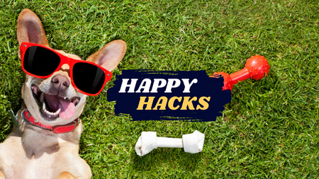 A dog on the grass with "Happy Hacks" text.