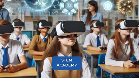 classroom of kids wearing virtual reality goggles