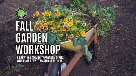 Wheelbarrow full of yellow flowers. Fall Garden Workshop A Growing community Program with Piatt and DeWitt Master  Gardeners. Illinois Extension Master Gardener logo