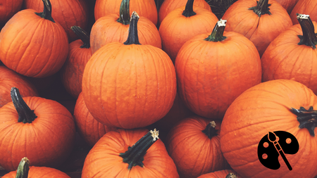 Orange pumpkins stacked on top of each other. Graphic of a paint palette and brush in the bottom right hand corner.