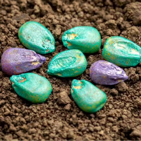 Several pesticide treated corn seeds that have been dyed purple and teal and closely grouped on an exposed soil surface.  