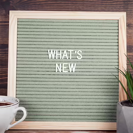 text on board says what's new by a coffee cup and plant