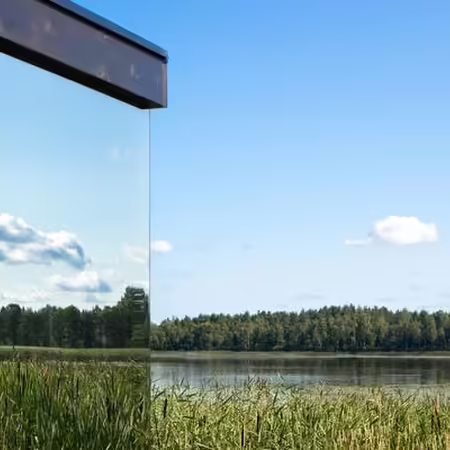 A window reflecting a sky, clouds, a lake, trees, and cattails in its surroundings. 