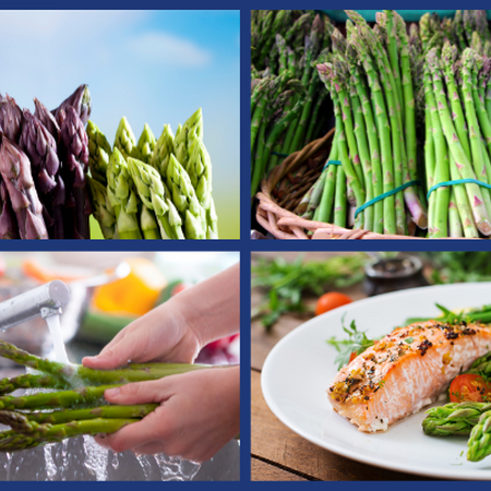 Four images. Image one - three varieties of asparagus: white, purple, and green. Image two a basket of green asparagus, image three washing green asparagus under running water, and image four, a plate with asparagus, salmon, and cherry tomatoes. 