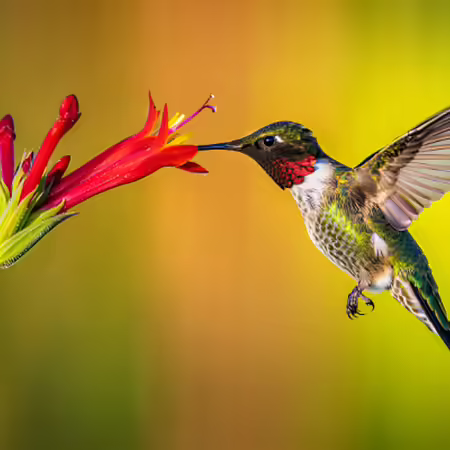   Ruby-throated hummingbird sipping nectar from a red tubular flower in soft bokeh light