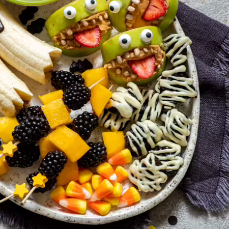 Fruits made to look like spooky characters for kids