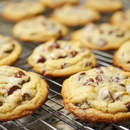 Chocolate chip cookies on a cooling rack