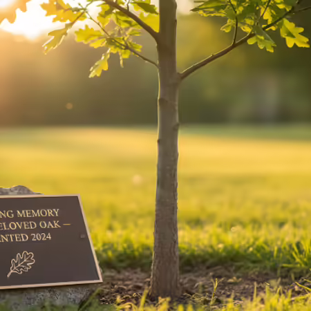 young tree with rock and plaque next to it that reads "In loving memory -our beloved oak- planted 2024"