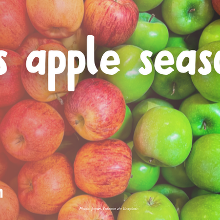 Red apples on the left side, green apples on the right side, with text that says "it's apple season!"