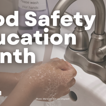 A person washing their hands under a sink faucet. Text says, 'food safety education month'.