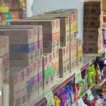 Shelves stacked with boxes and bags of food