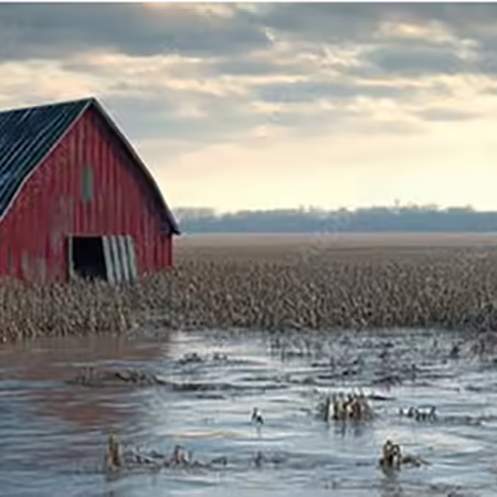 An old red barn sits in a partially flooded corn field while gray clouds loom overhead.