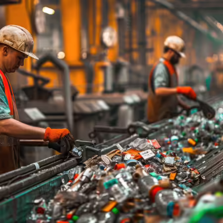 Man sorting through plastic on conveyor belt 