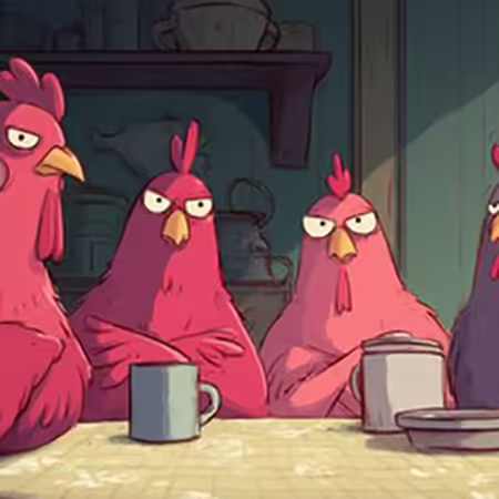 Three animated poultry figures sit around a table with blank faces and coffee cups in front of them.