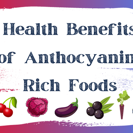 Health benefits of anthocyanin-rich foods with a red, blue, and purple background.