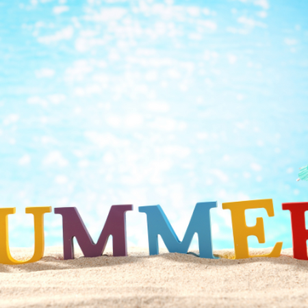 image is a beach scene with the word summer in various colors and a drink umbrella