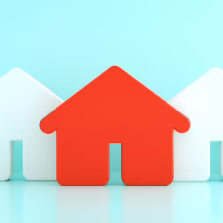 4 white houses surrounding a red house with a blue background